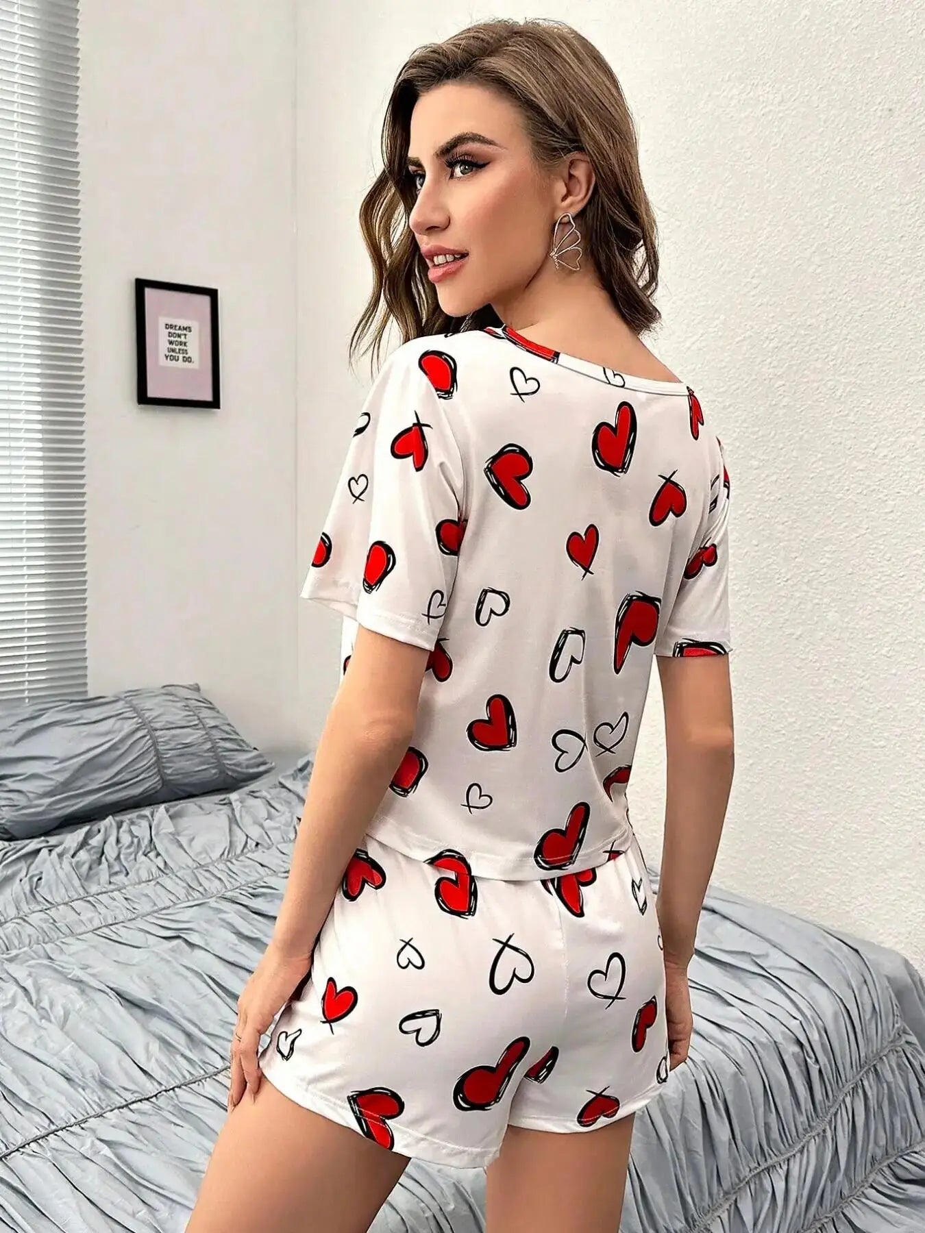 Two Piece Pyjama Set - Heart Print Short Sleeve T Shirt & Shorts