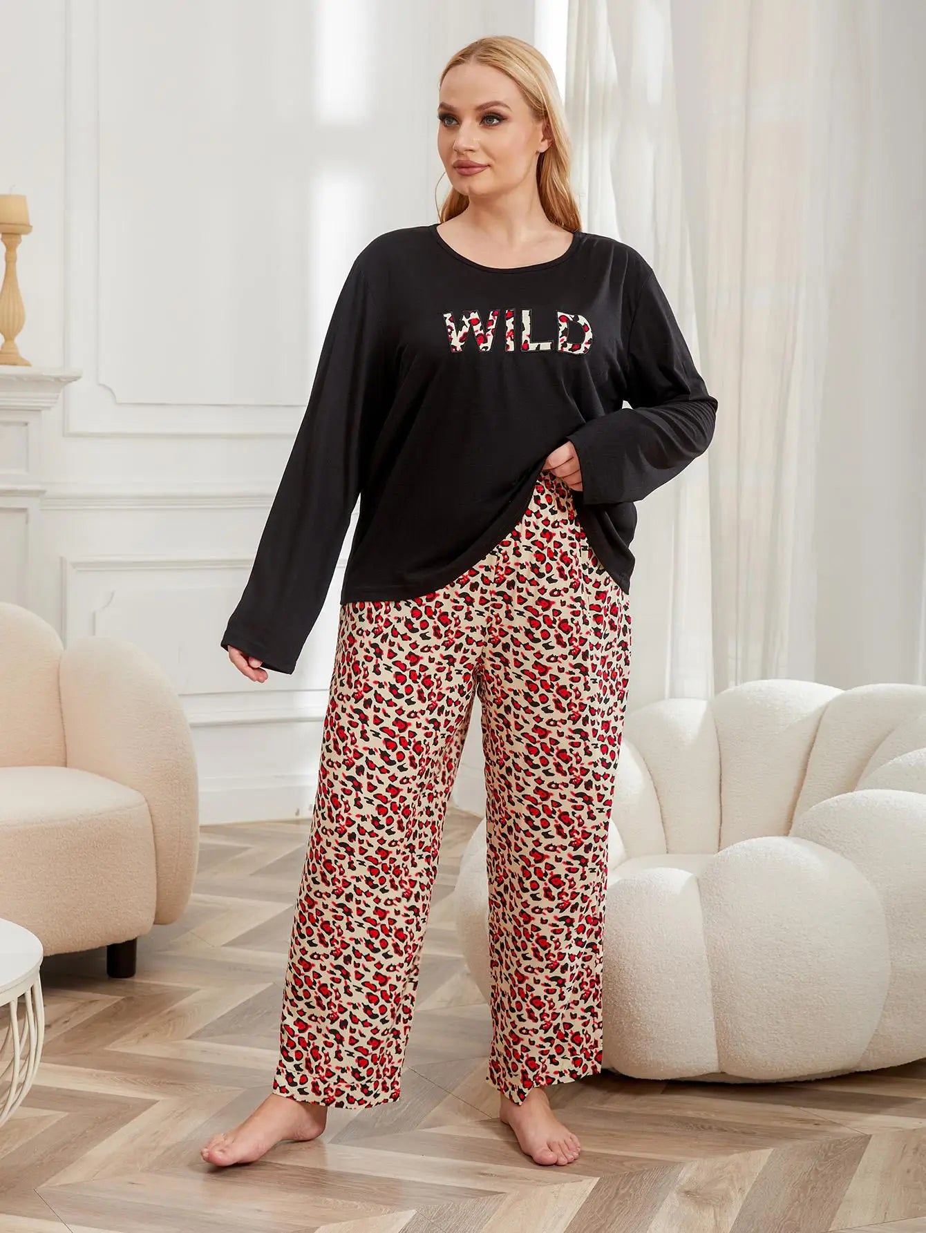 Women's 2 piece Pyjama Set Leopard Pants & "Wild" Long Sleeve Top - up to 4XL