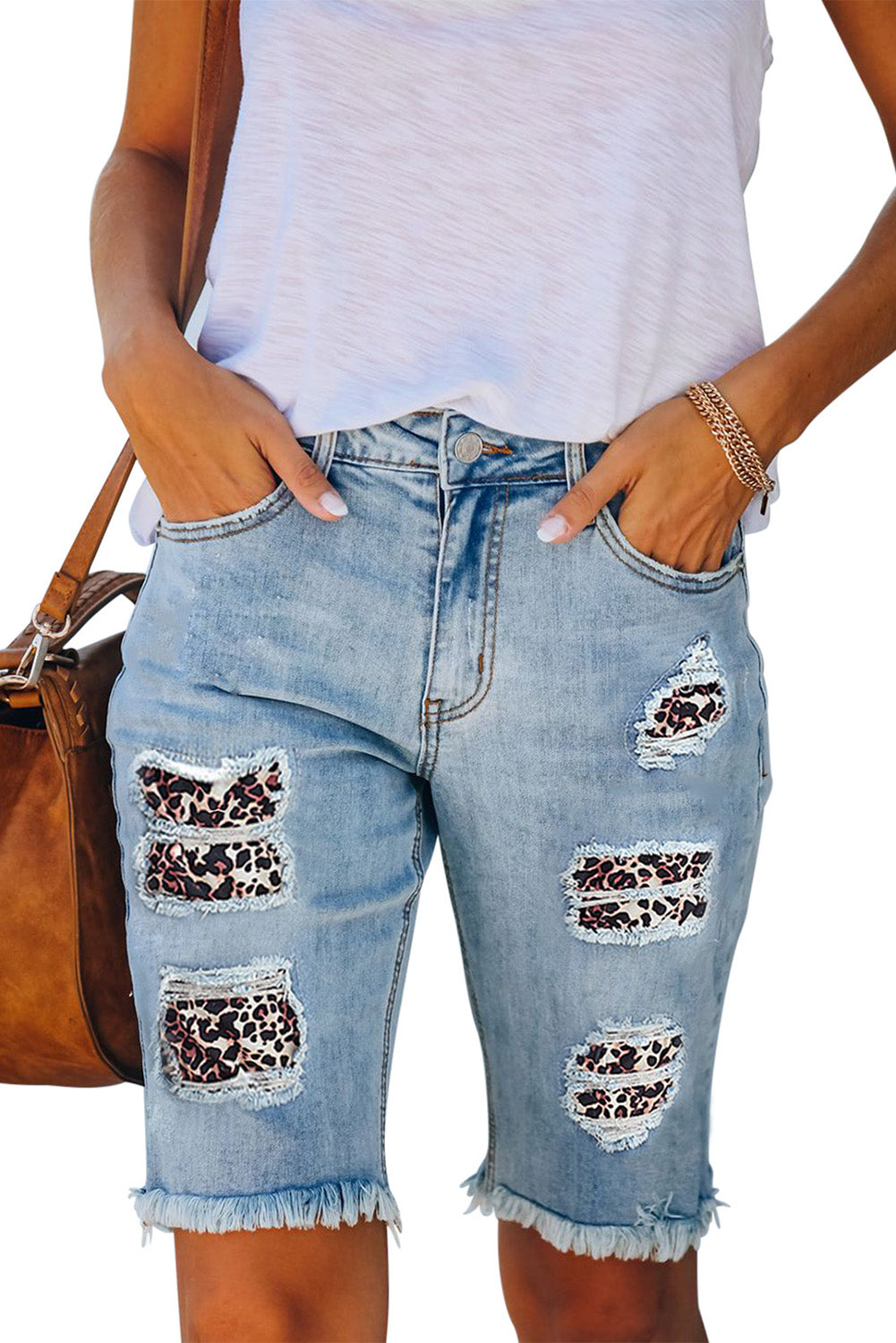 Mid-rise Ripped Leopard Patch Denim Bermuda Shorts