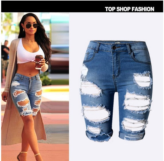 Women's High Waist Ripped Denim Shorts
