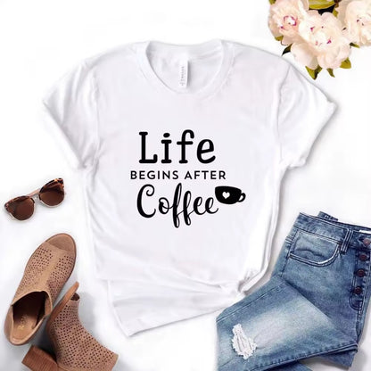 Ladies Slogan T-Shirt - Life Begins After Coffee - various colours - size S - 3XL