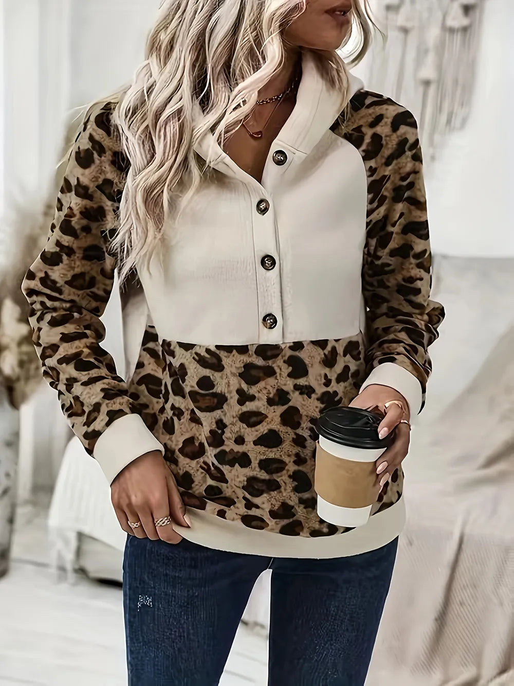 Leopard Print Button Long Sleeve Hoodie Jumper