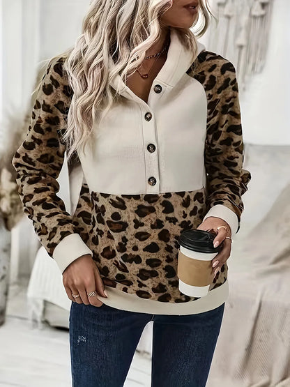 Leopard Print Button Long Sleeve Hoodie Jumper