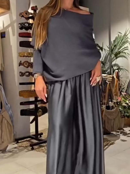 Elegant Two Piece Satin Top & Wide Leg Trouser Set - Various Colours
