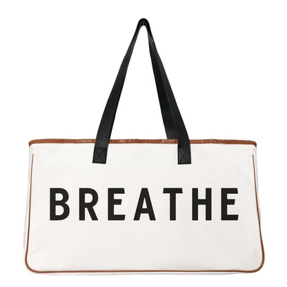 Large Slogan Beach Bag Cotton-Canvas With Genuine Leather Handles