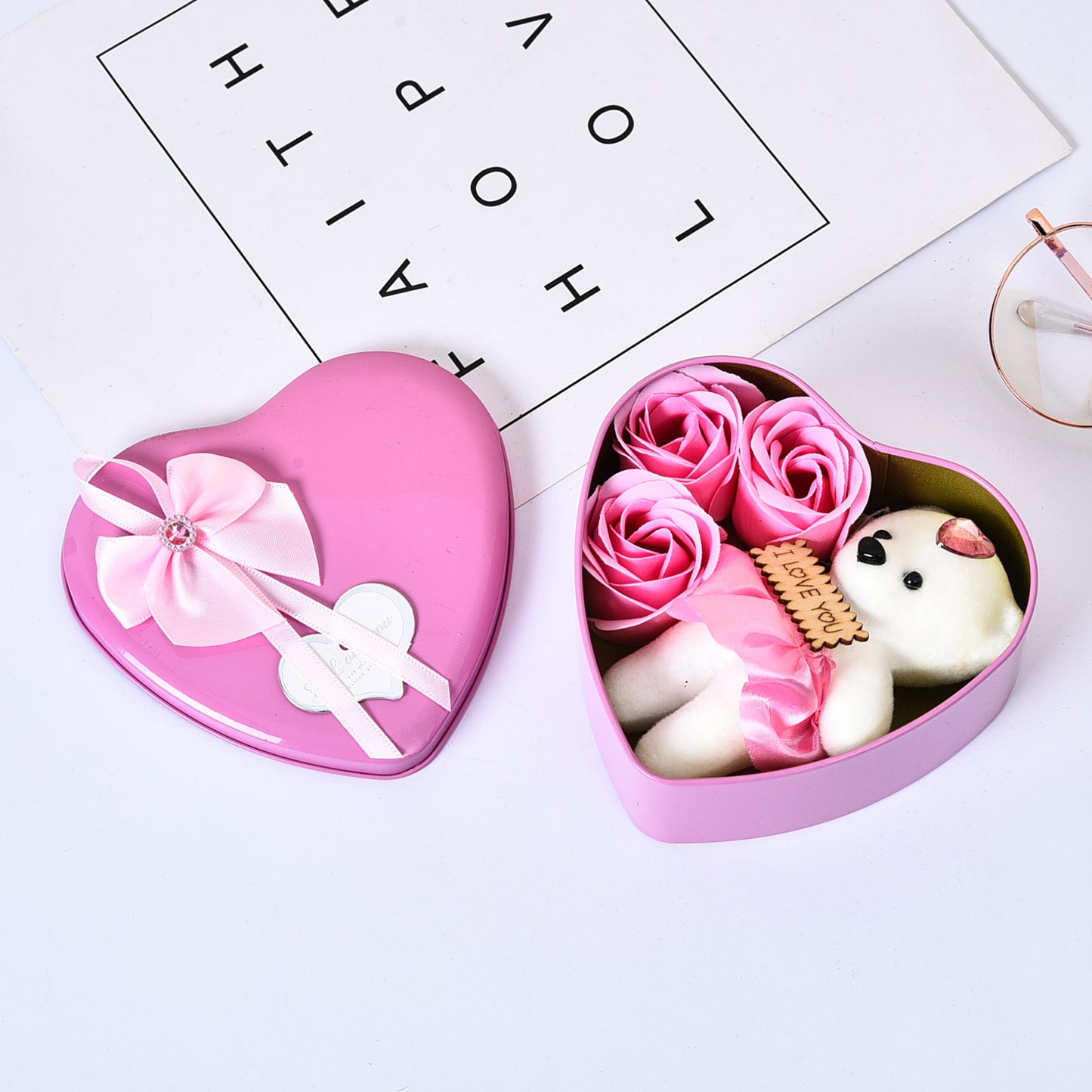 Valentines Day Gift Box with Bear and Soap Flower