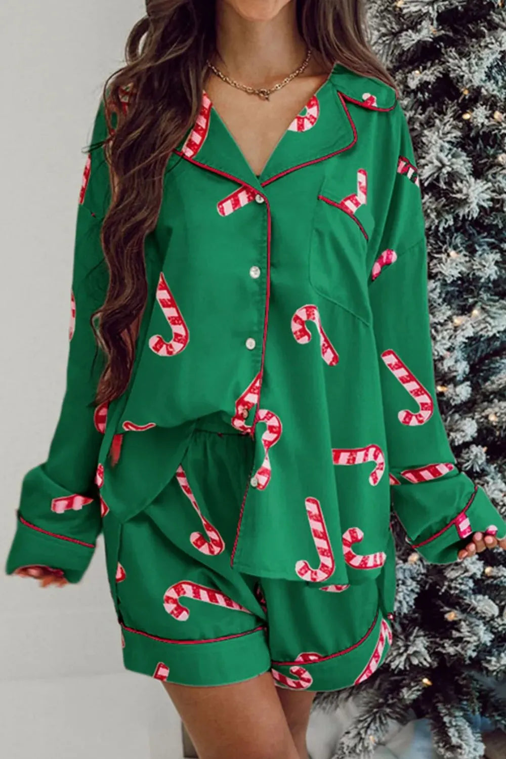 Women's Pyjama Set - Top & Shorts - Candy Cane - Pink & Green