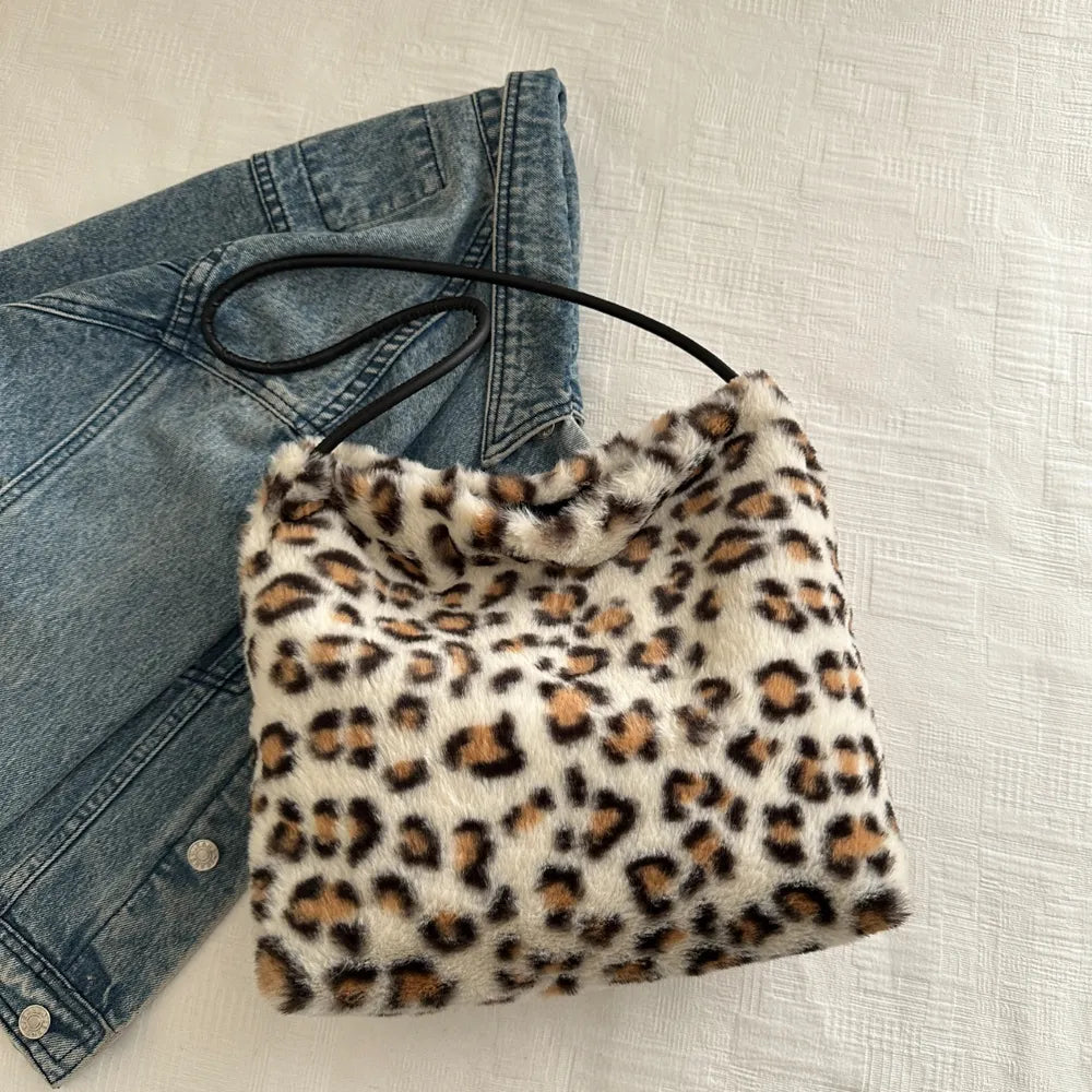 Leopard Print Furry Shoulder Bag