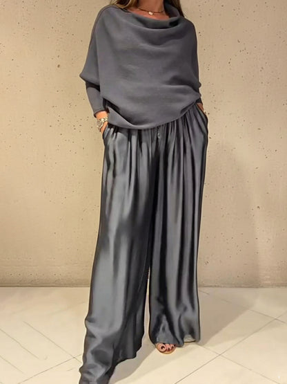Elegant Two Piece Satin Top & Wide Leg Trouser Set - Various Colours