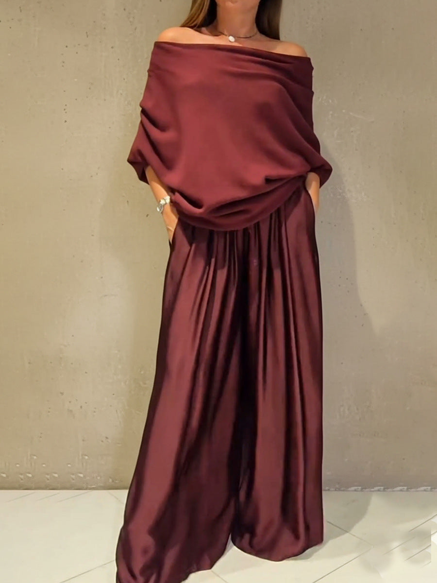 Elegant Two Piece Satin Top & Wide Leg Trouser Set - Various Colours