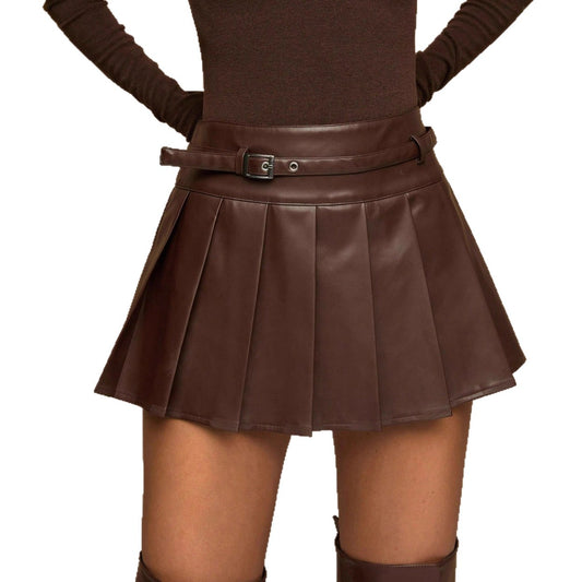 Faux Leather PU Belted Pleat Skirt - Various Colours