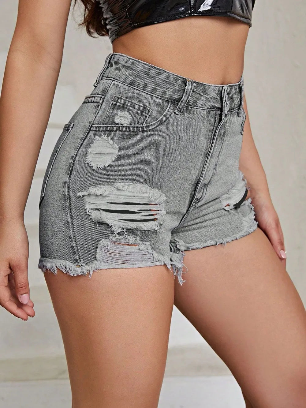 Women's Distressed Raw Hem High Rise Denim Shorts