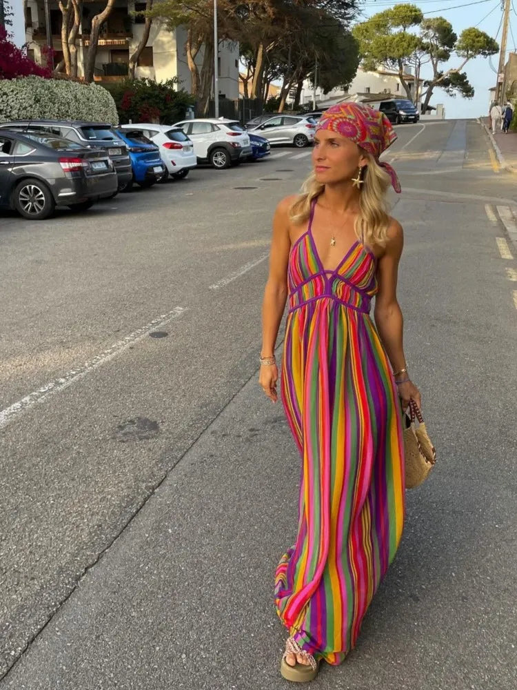 Women's Striped Backless Summer Maxi Dress