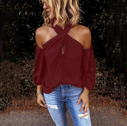 Women's Halter Neck Open Shoulder Long Sleeve Top - Various Colours