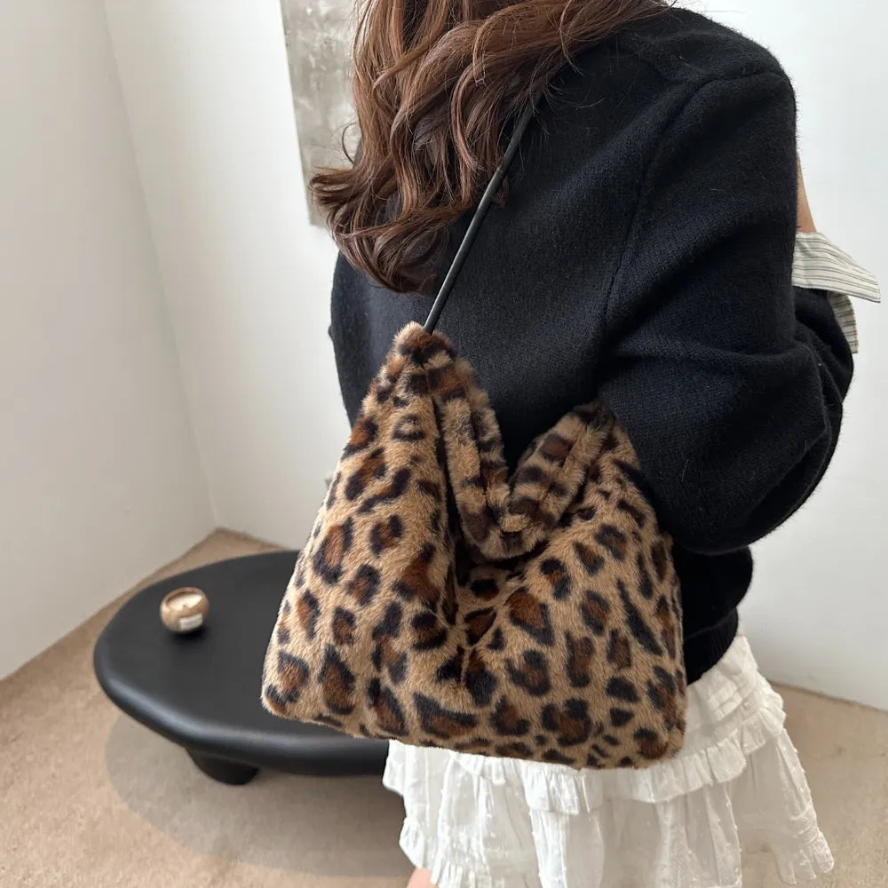 Leopard Print Furry Shoulder Bag