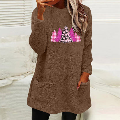 Christmas Fleece Jumper with Pockets - Christmas Trees Pink - Various Colours