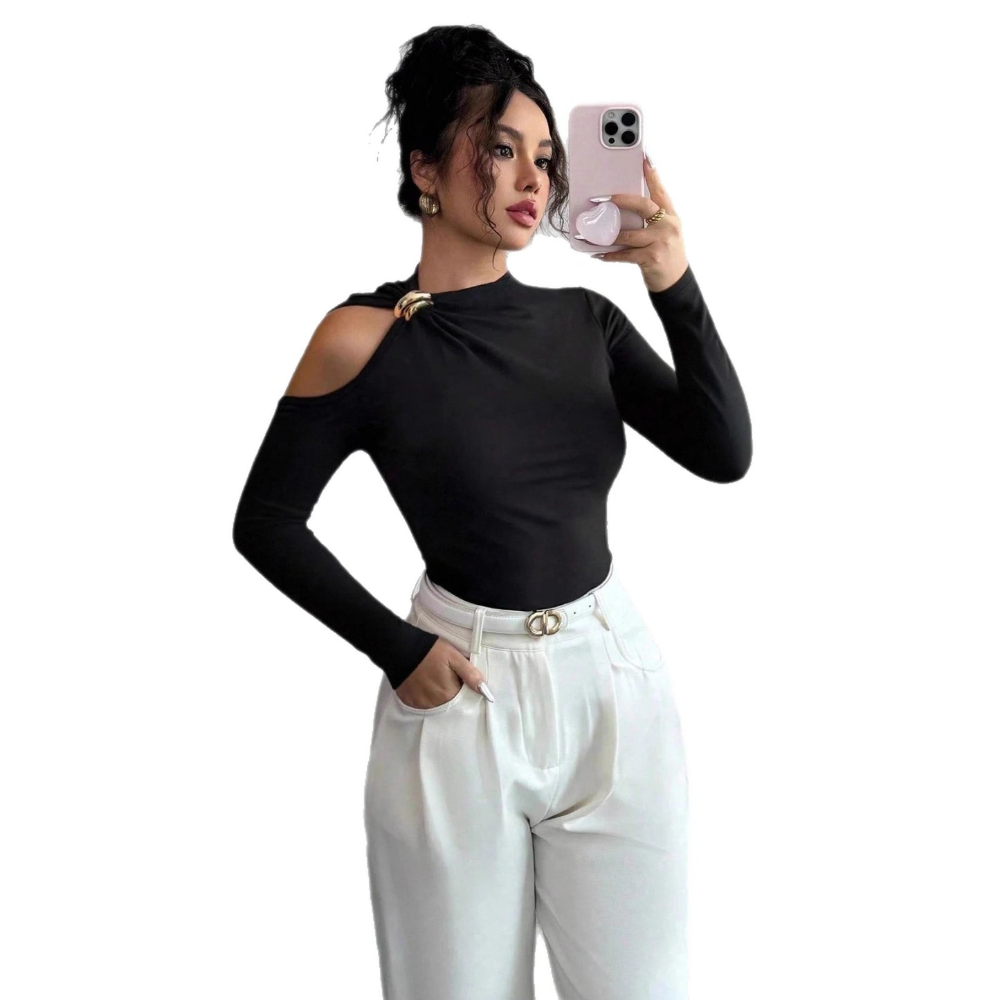 Women's Asymmetrical Shoulder Detail Long Sleeve Top