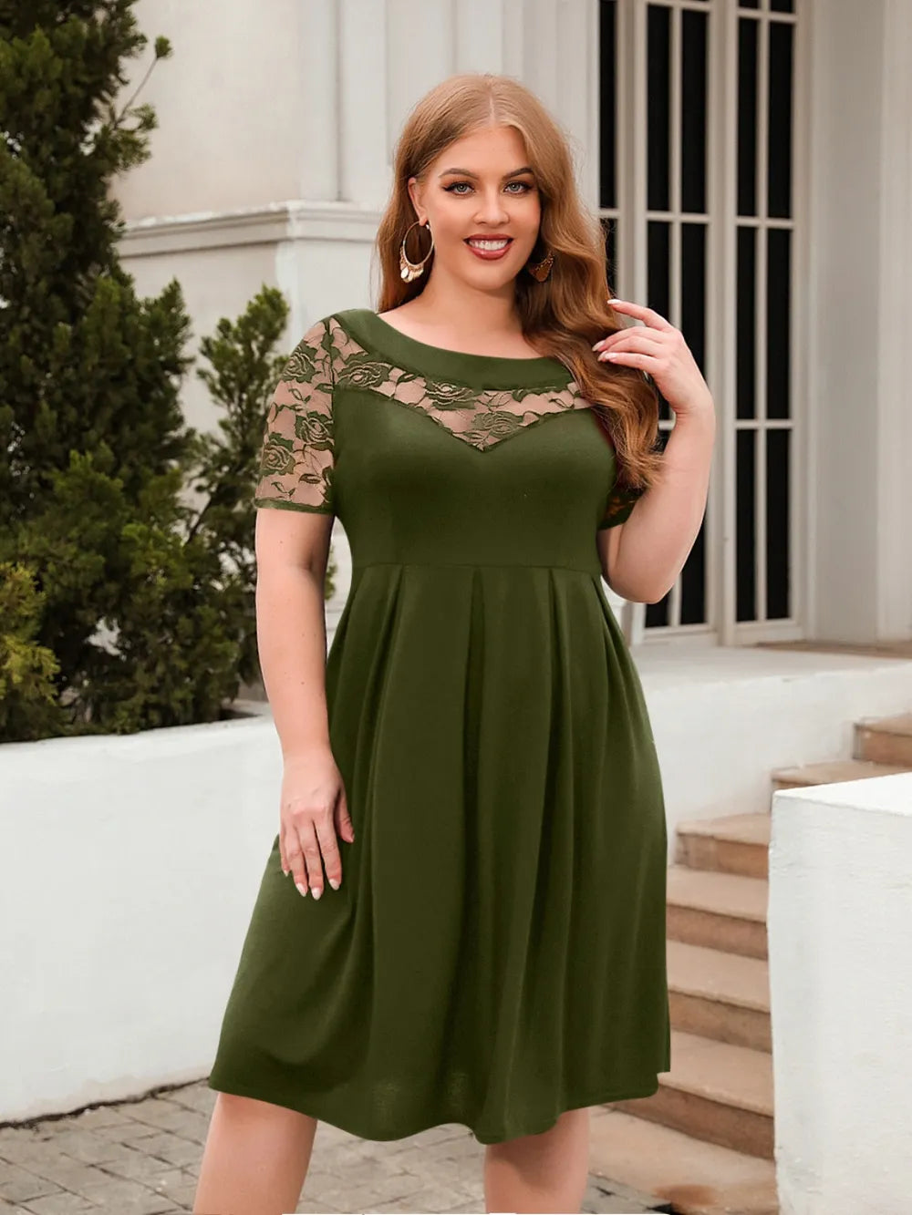 Women's Dress - Ruched Round Neck - Plus Size - Various Colours
