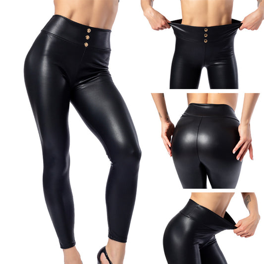 Faux Leather PU Leggings with Button High Waist Detail - Plus Size