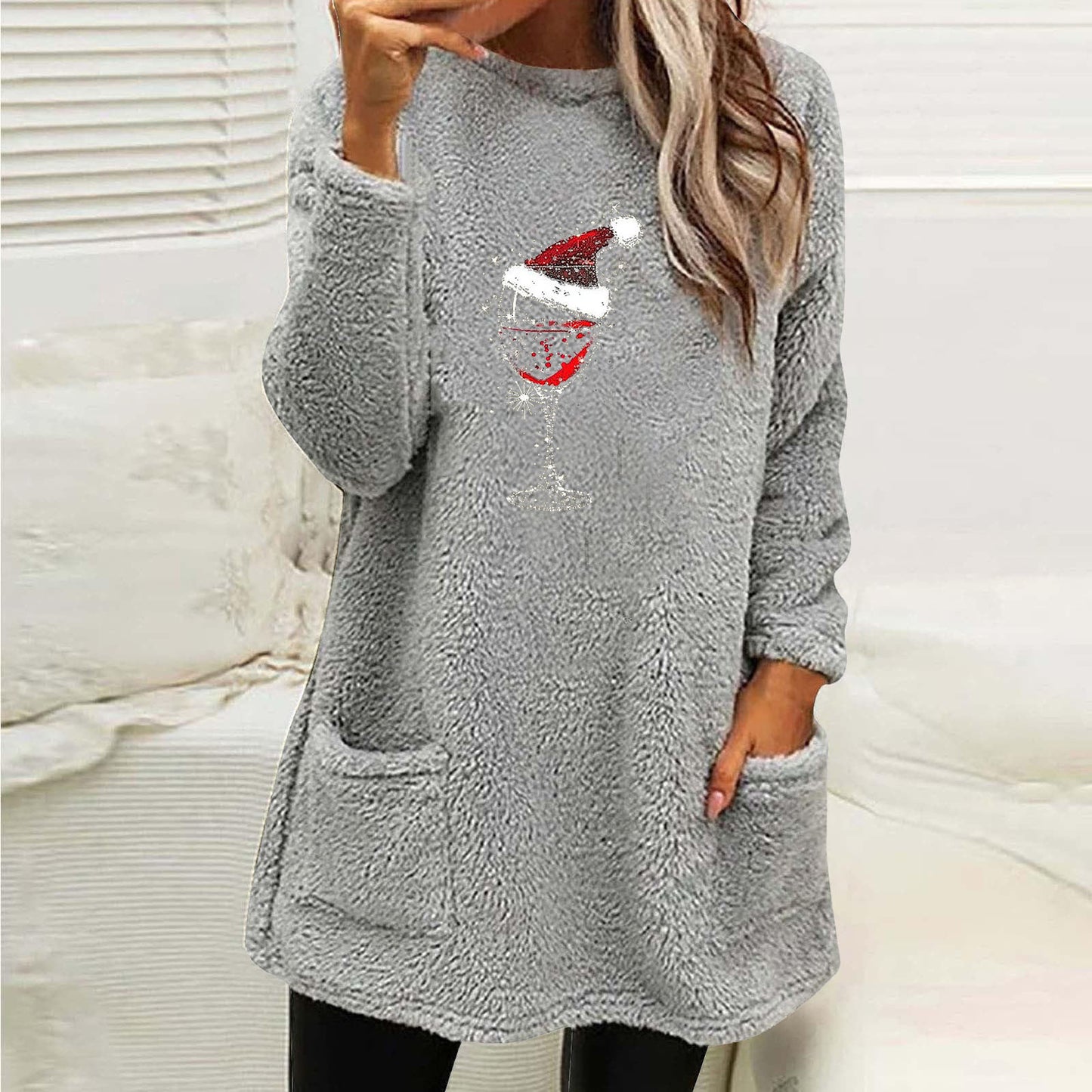Christmas Fleece Jumper with Pockets - Wine Glass