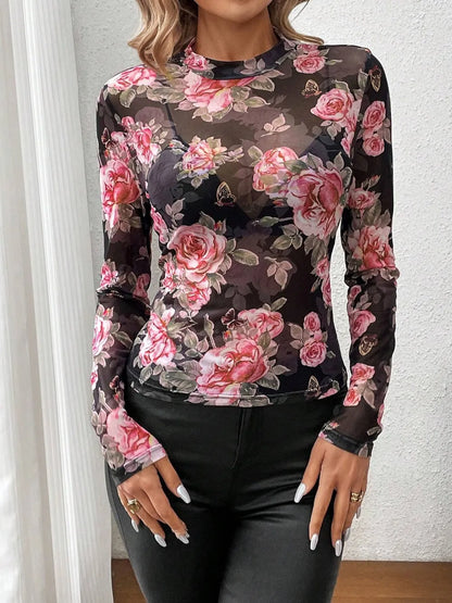 Women's Mesh Floral Mock Neck Long Sleeve Top