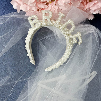 Bride to Be Pearl Crown Tiara and Veil Bachelorette Hen Party Bridal Shower