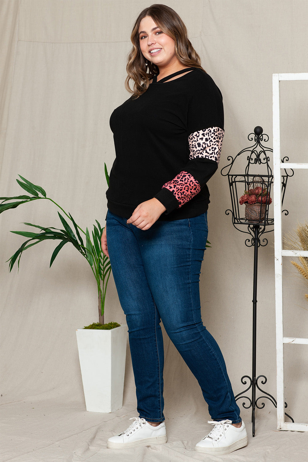 Leopard Print Strappy Neck Top - Plus Size