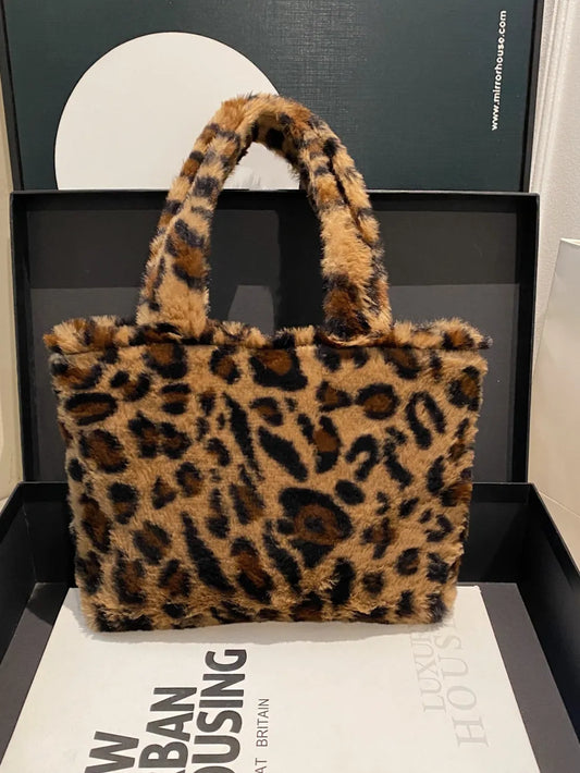 Leopard Print Fluffy Handbag with Zip
