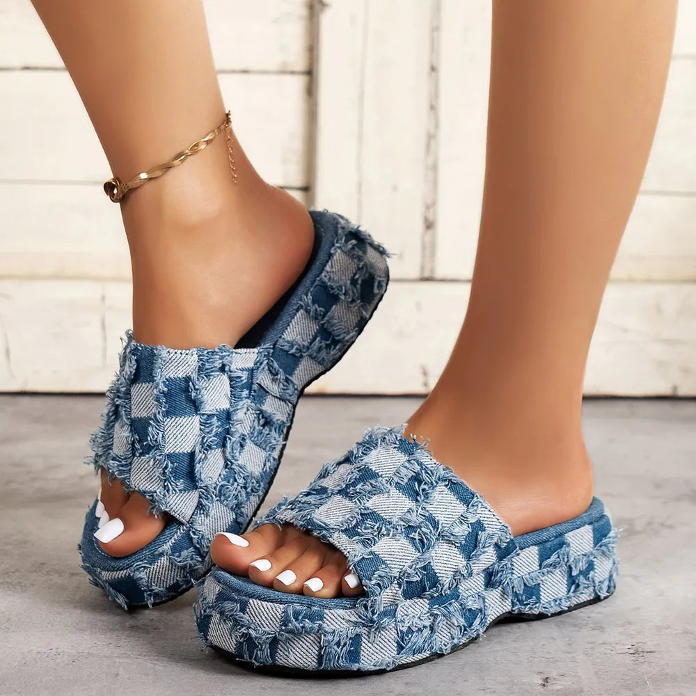 Women's Raw Hem Plaid Sandals