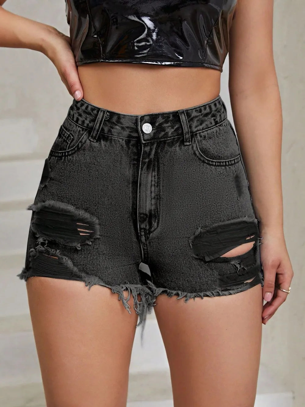 Women's Distressed Raw Hem High Rise Denim Shorts