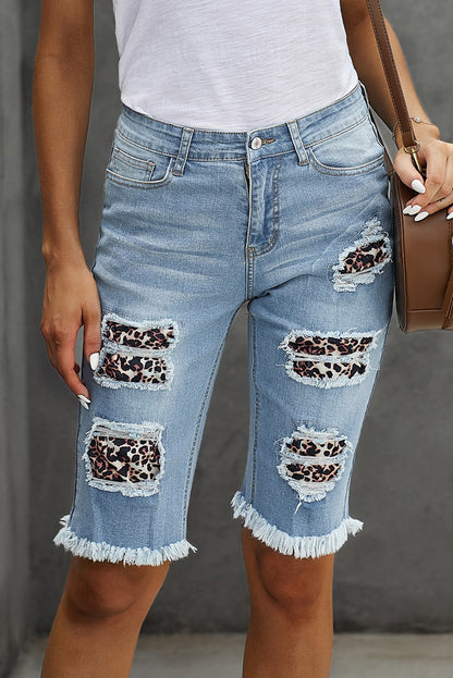 Mid-rise Ripped Leopard Patch Denim Bermuda Shorts