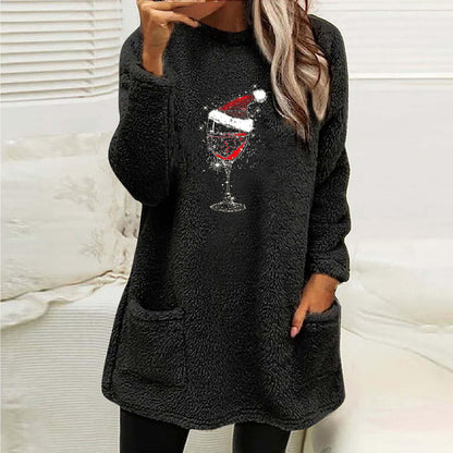 Christmas Fleece Jumper with Pockets - Wine Glass