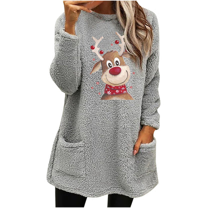 Christmas Fleece Jumper with Pockets - Reindeer - Various Colours