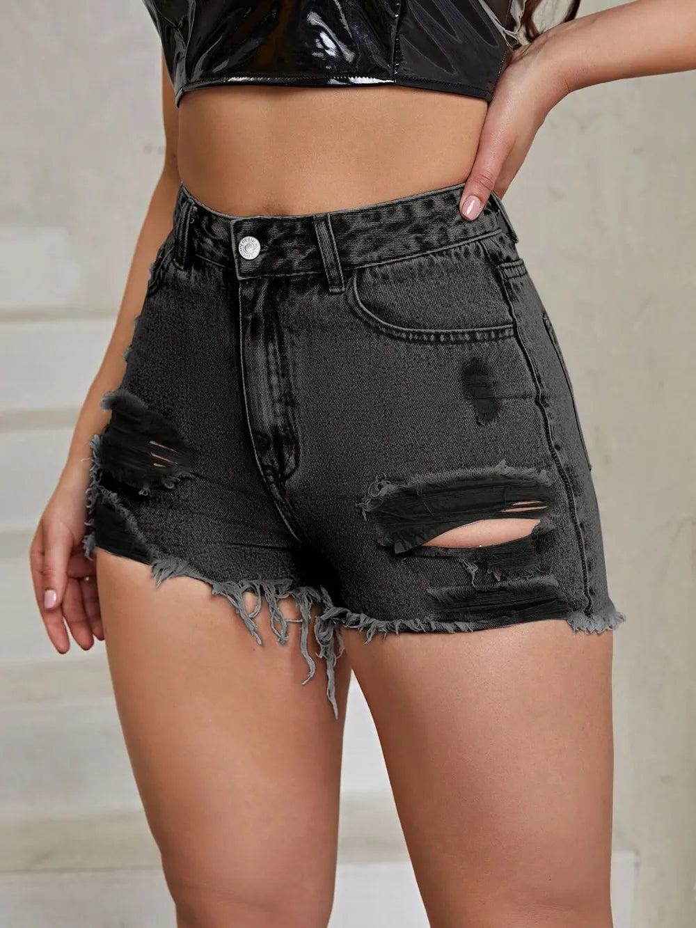 Women's Distressed Raw Hem High Rise Denim Shorts