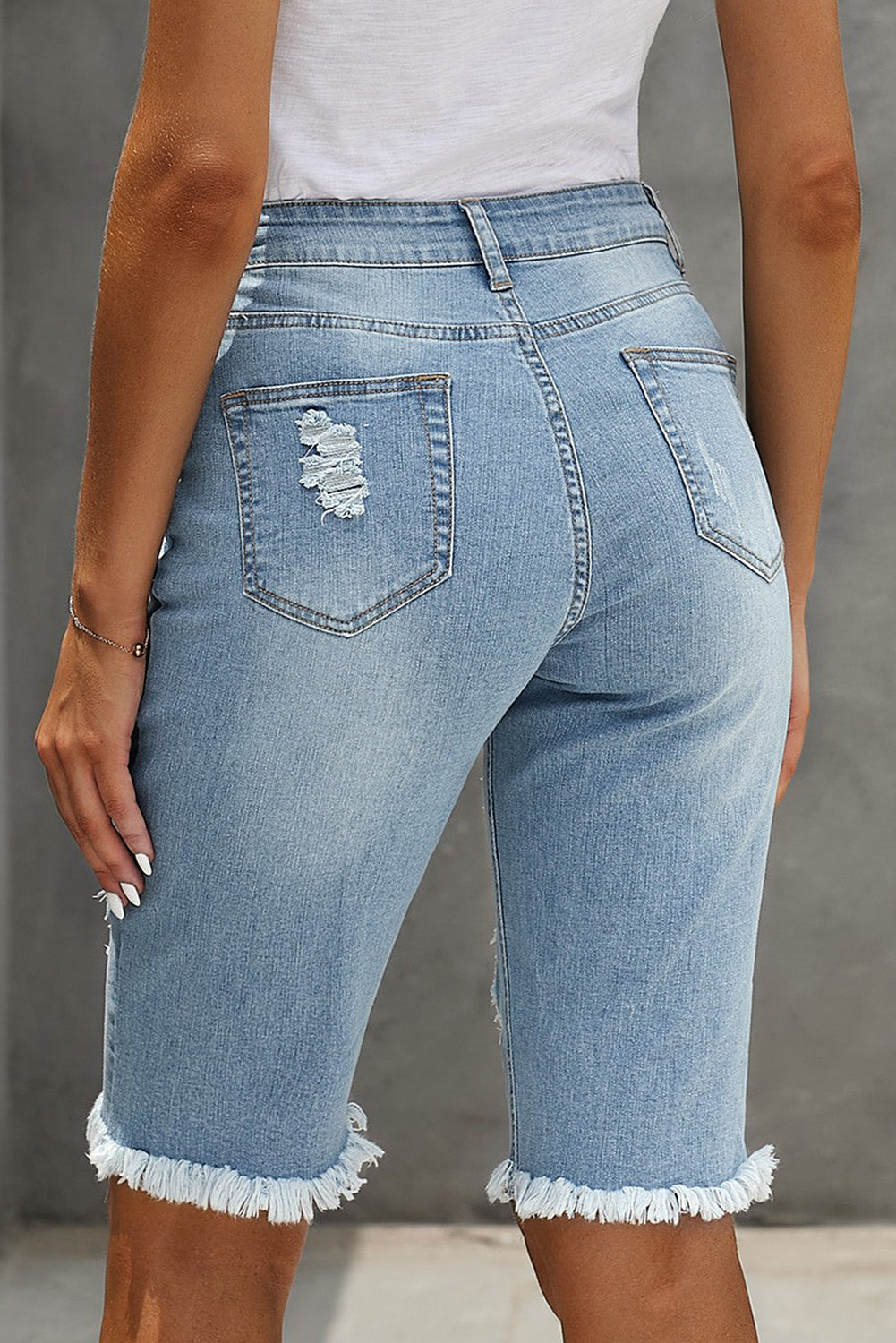 Mid-rise Ripped Leopard Patch Denim Bermuda Shorts