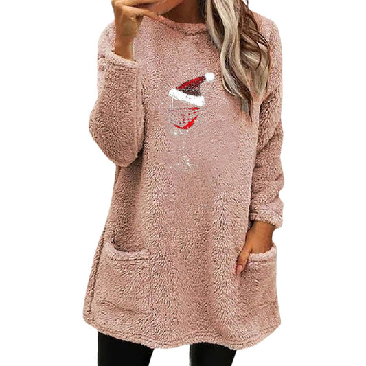 Christmas Fleece Jumper with Pockets - Wine Glass