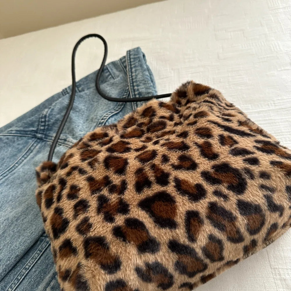 Leopard Print Furry Shoulder Bag