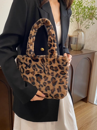 Leopard Print Fluffy Handbag with Zip