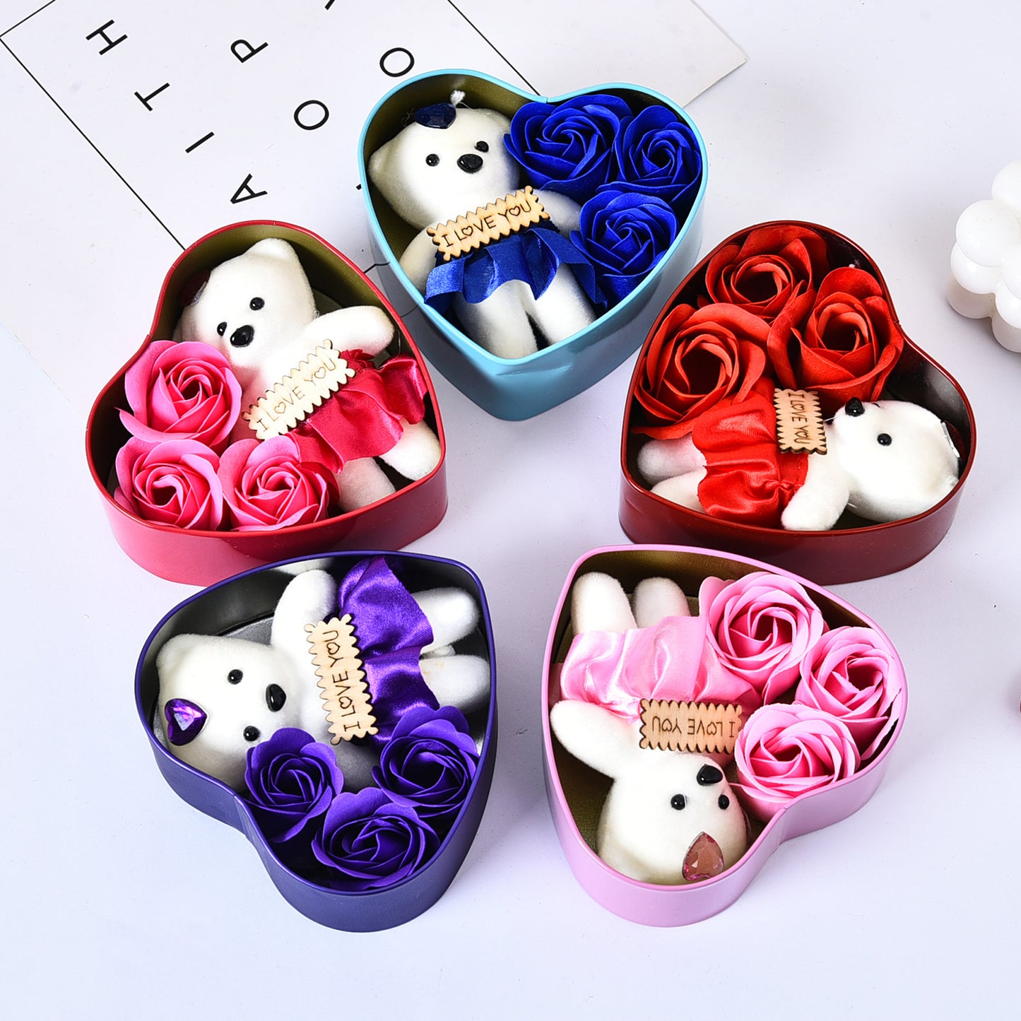 Valentines Day Gift Box with Bear and Soap Flower