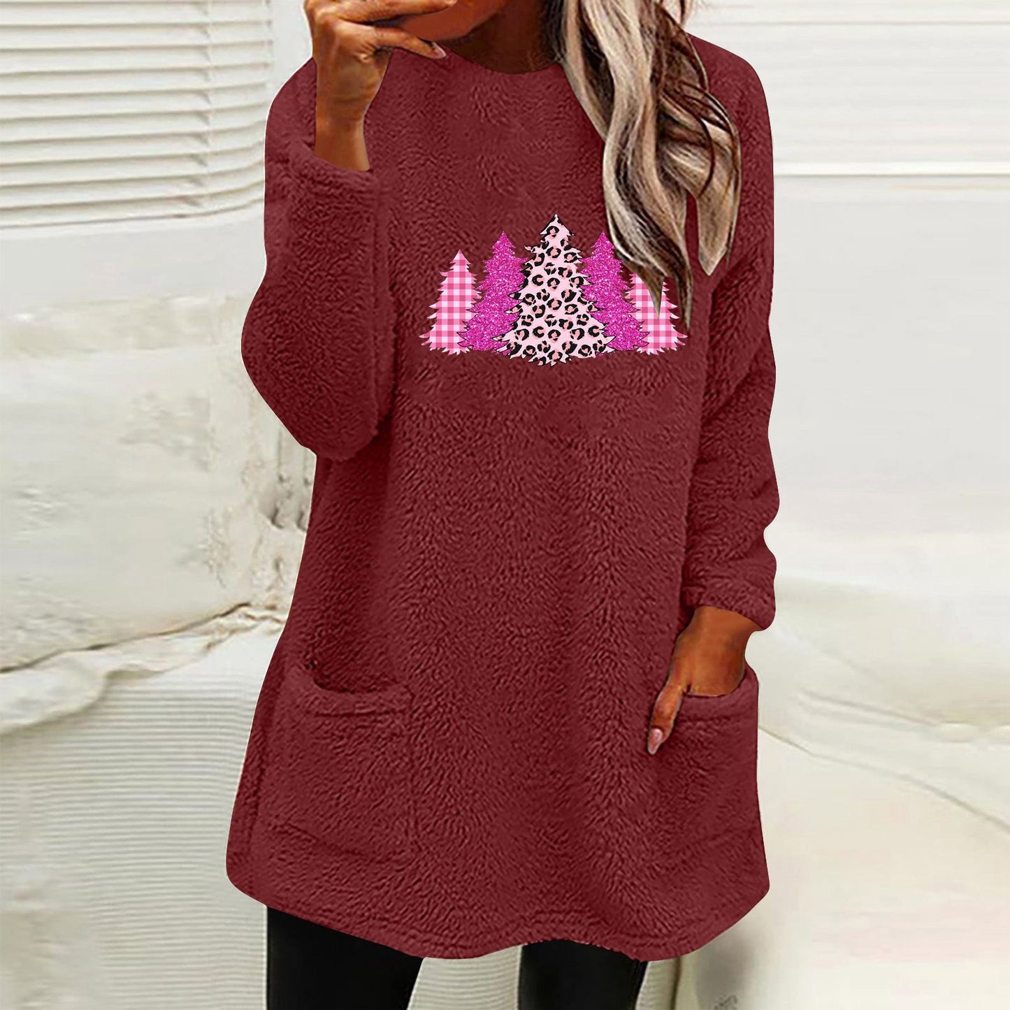 Christmas Fleece Jumper with Pockets - Christmas Trees Pink - Various Colours