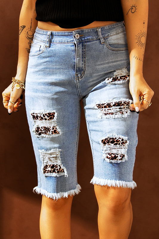 Mid-rise Ripped Leopard Patch Denim Bermuda Shorts