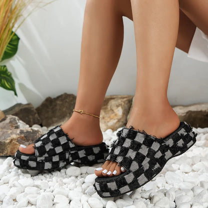 Women's Raw Hem Plaid Sandals