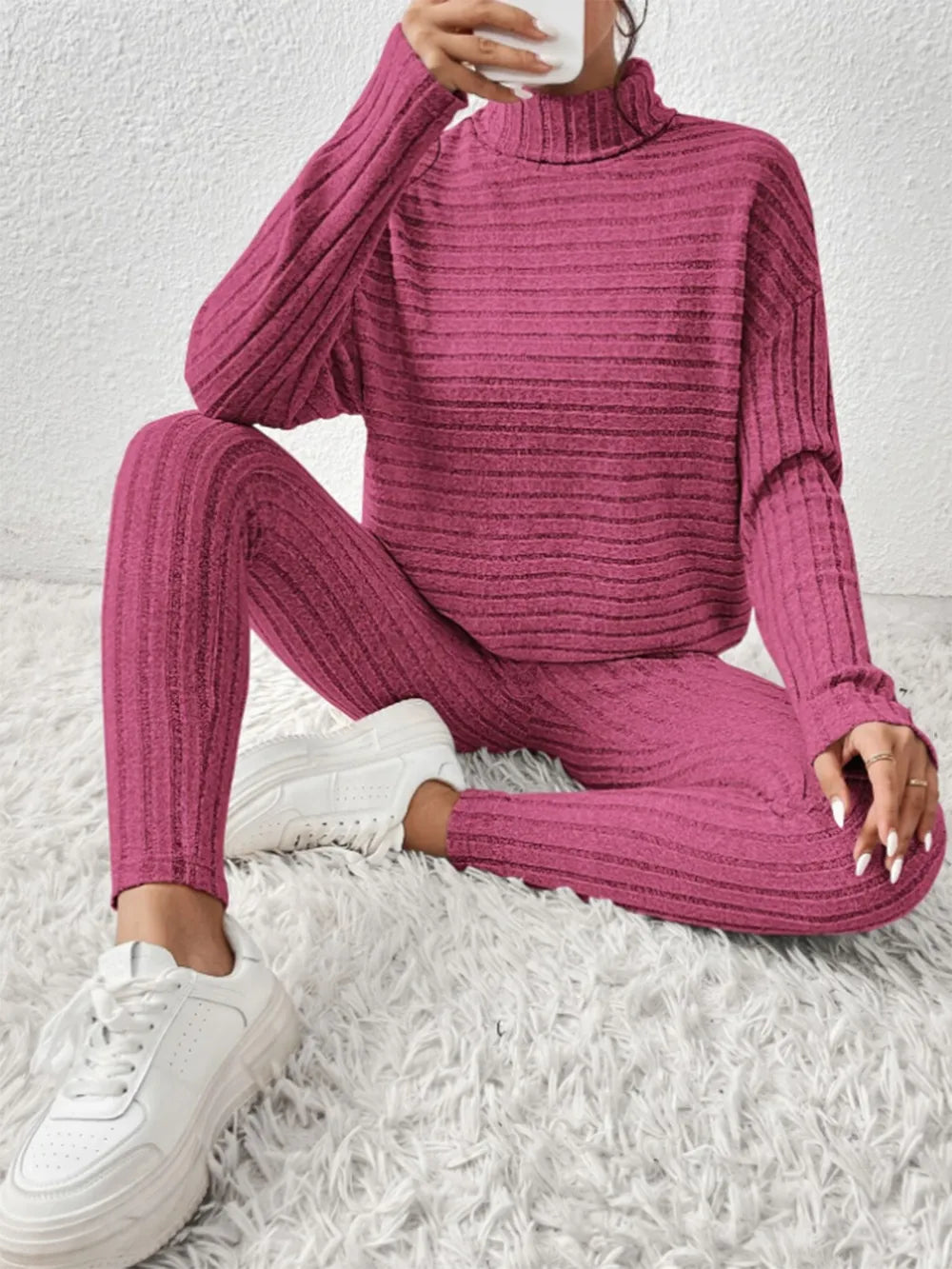 Women's Ribbed Turtleneck Loungewear Set - Various Colours