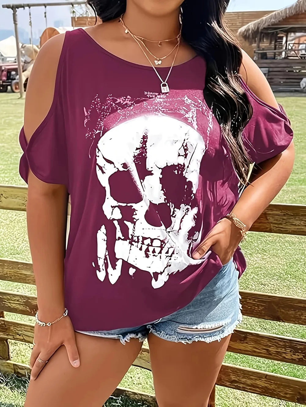 Halloween Skeleton Cold Shoulder T-Shirt