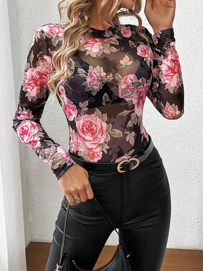 Women's Mesh Floral Mock Neck Long Sleeve Top
