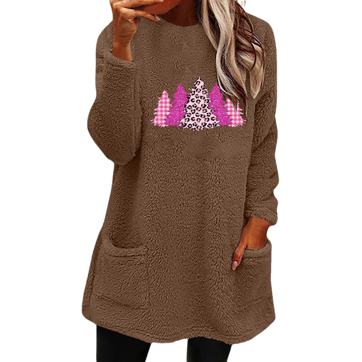 Christmas Fleece Jumper with Pockets - Christmas Trees Pink - Various Colours