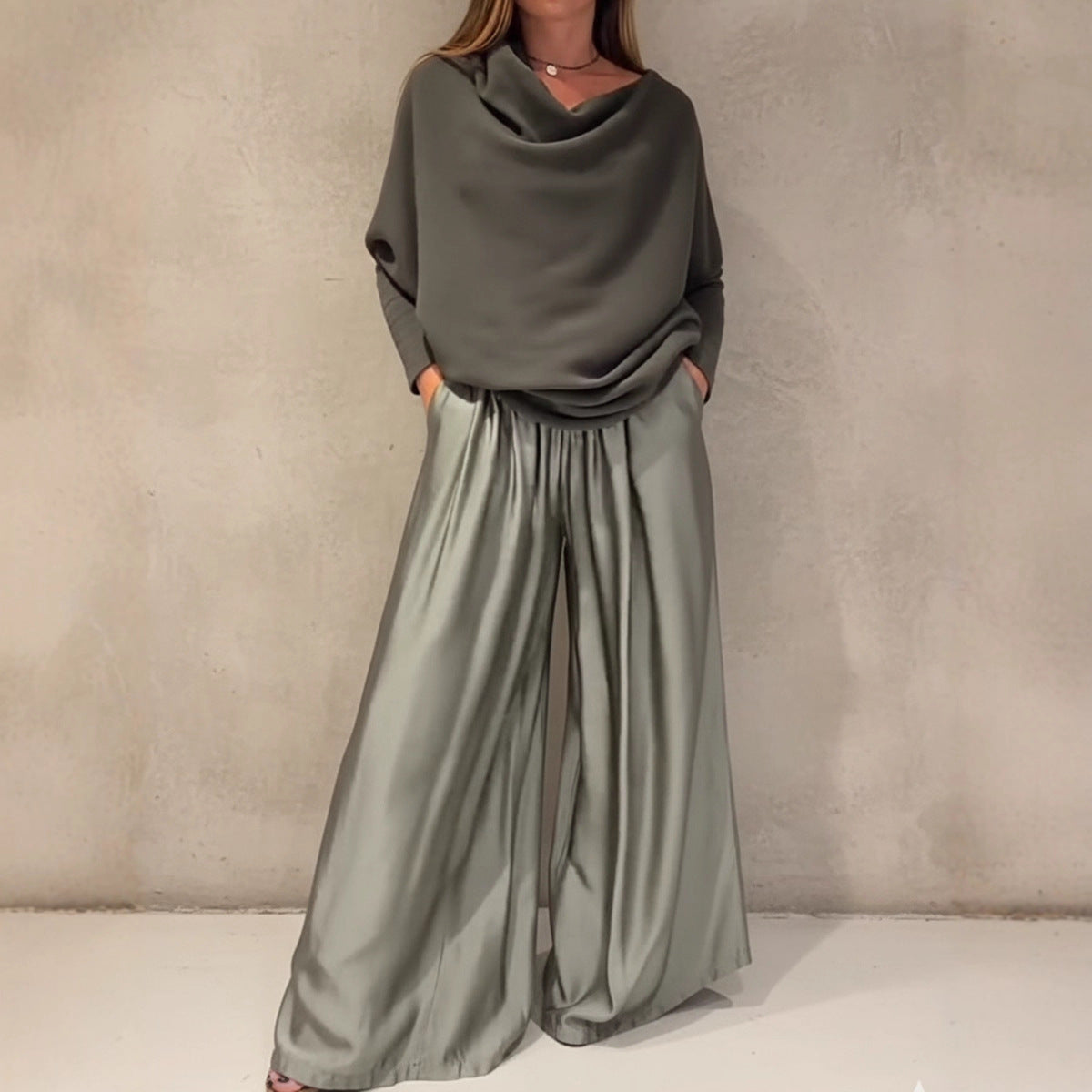 Elegant Two Piece Satin Top & Wide Leg Trouser Set - Various Colours
