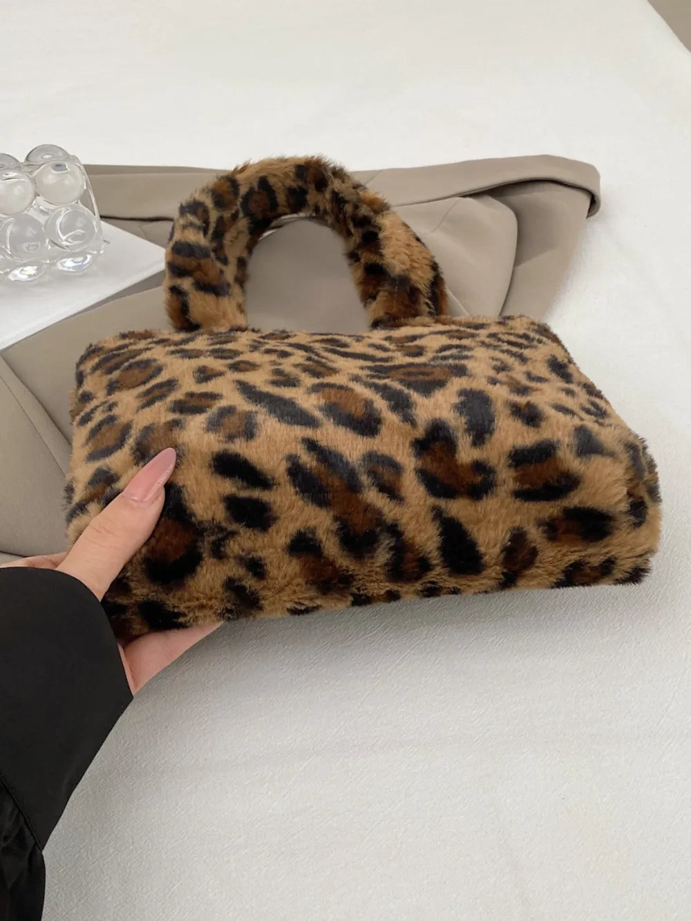 Leopard Print Fluffy Handbag with Zip