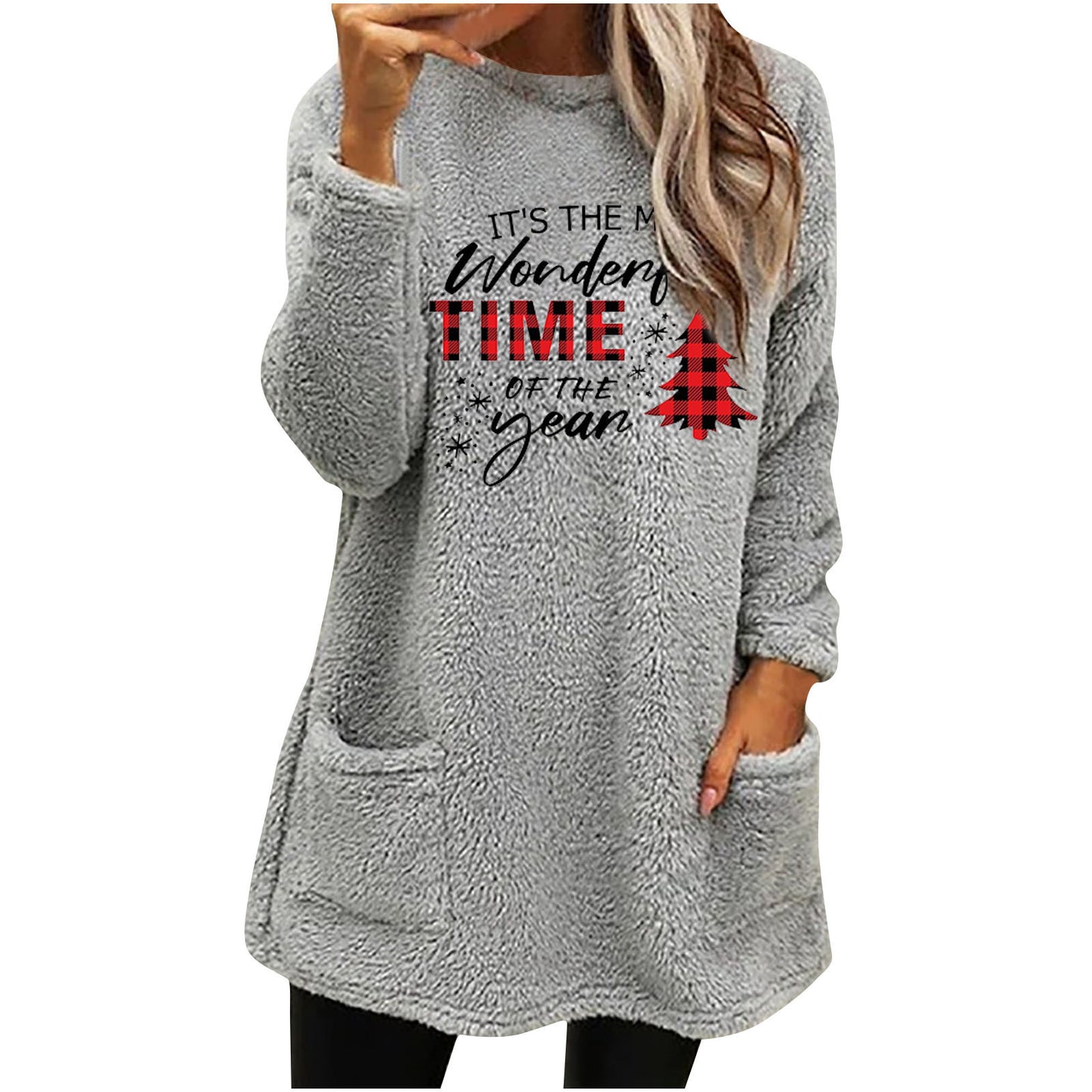 Christmas Fleece Jumper with Pockets - Wonderful Time - Various Colours