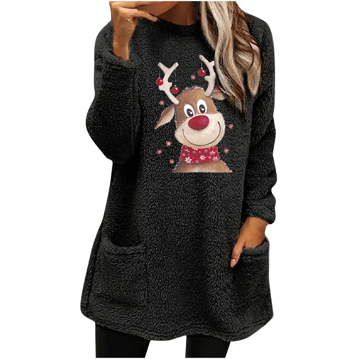 Christmas Fleece Jumper with Pockets - Reindeer - Various Colours